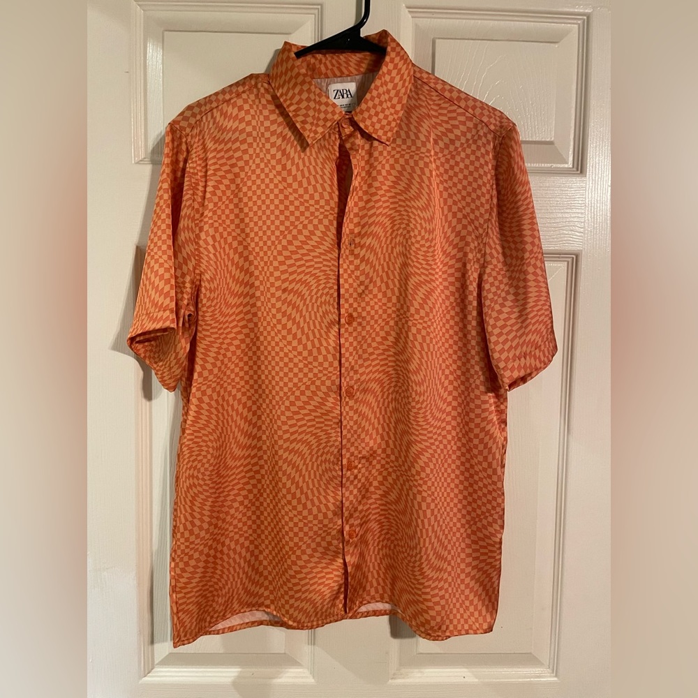 Zara Mens orange satin checkered button-down shortsleeve shirt